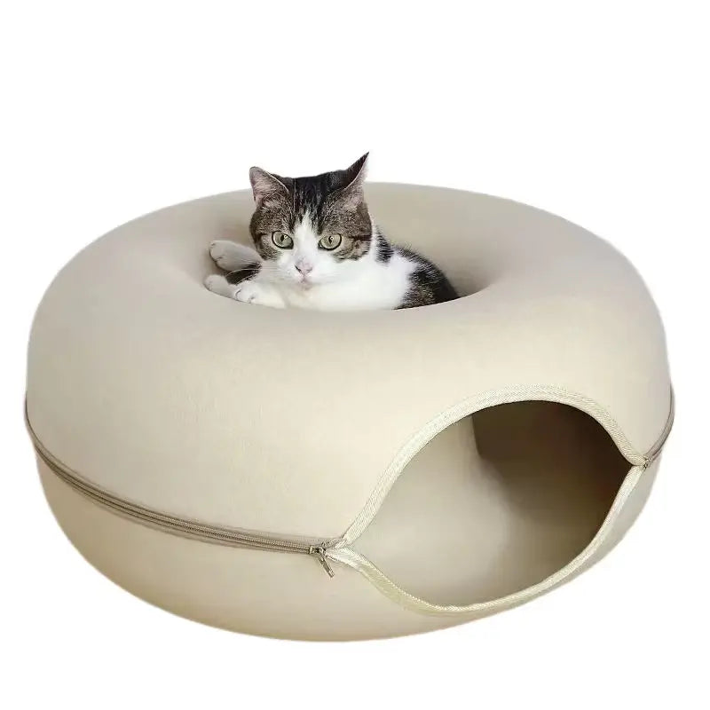 Beige Felt Donut Cat Bed with Zipper Tunnel Toy, Double-Layer Pet Cave for Cats, M Size (50x20cm), Cozy Hideaway for Indoor Cats Wholesale Hub