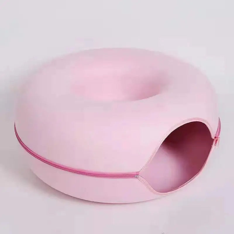 Pink Felt Donut Cat Bed with Zipper Tunnel Toy, Double-Layer Pet Cave for Cats, M Size (50x20cm), Cozy Hideaway for Indoor Cats Wholesale Hub