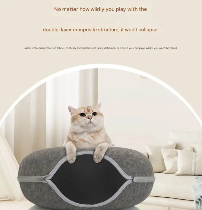 Pink Felt Donut Cat Bed with Zipper Tunnel Toy, Double-Layer Pet Cave for Cats, M Size (50x20cm), Cozy Hideaway for Indoor Cats Wholesale Hub
