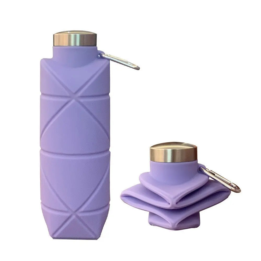 Purple 700ml Collapsible Silicone Water Bottle with Diamond Pattern - Food-Grade Portable Sports Bottle for Hiking, Camping, Travel & Gym - Leak-Proof Foldable Design with Carabiner Clip Wholesale Hub
