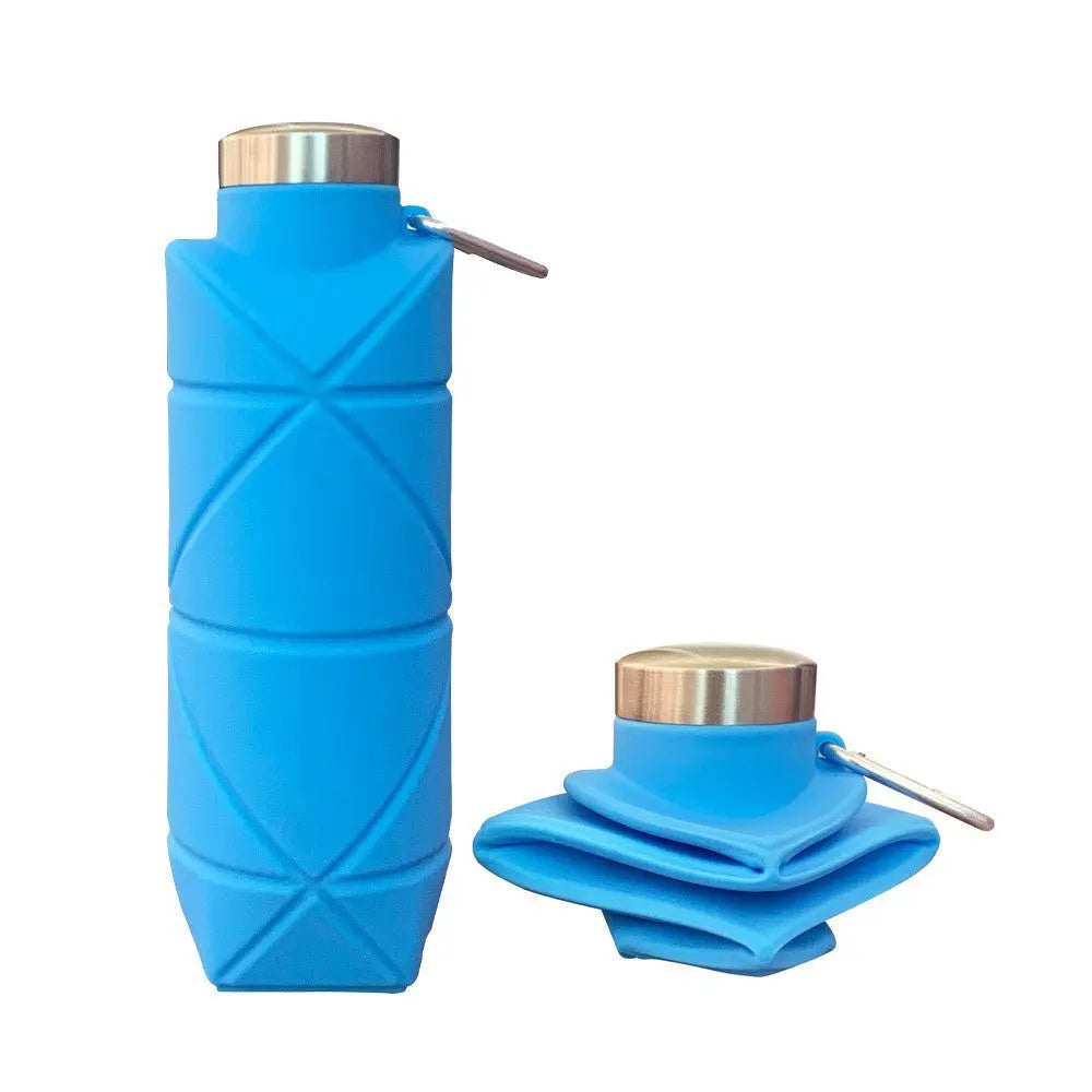 Blue 700ml Collapsible Silicone Water Bottle with Diamond Pattern - Food-Grade Portable Sports Bottle for Hiking, Camping, Travel & Gym - Leak-Proof Foldable Design with Carabiner Clip Wholesale Hub