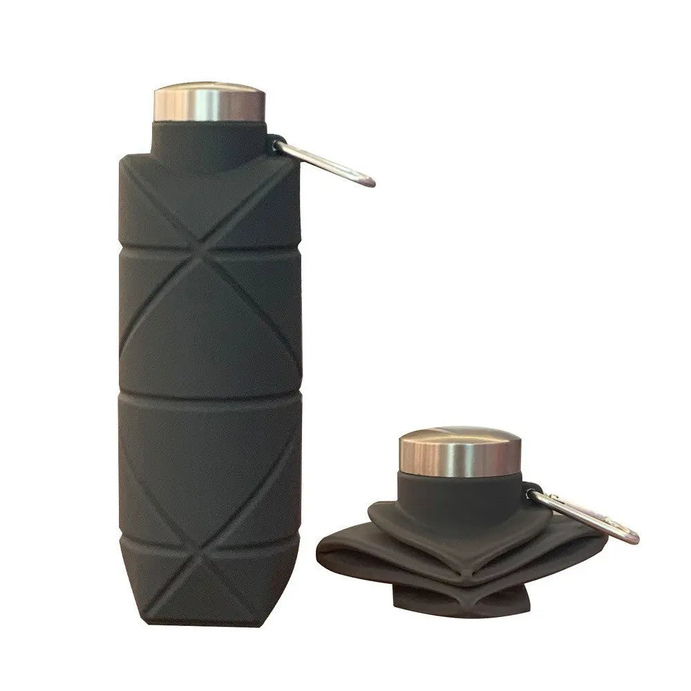 Grey 700ml Collapsible Silicone Water Bottle with Diamond Pattern - Food-Grade Portable Sports Bottle for Hiking, Camping, Travel & Gym - Leak-Proof Foldable Design with Carabiner Clip Wholesale Hub