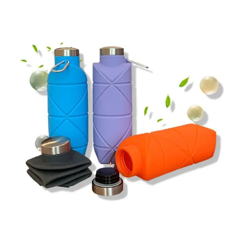 Grey 700ml Collapsible Silicone Water Bottle with Diamond Pattern - Food-Grade Portable Sports Bottle for Hiking, Camping, Travel & Gym - Leak-Proof Foldable Design with Carabiner Clip Wholesale Hub