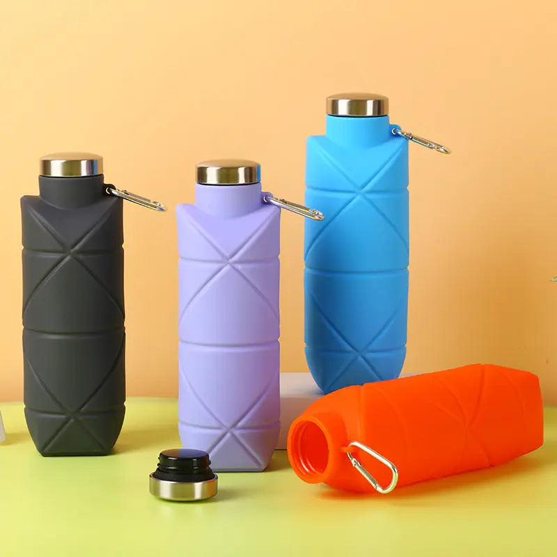 Grey 700ml Collapsible Silicone Water Bottle with Diamond Pattern - Food-Grade Portable Sports Bottle for Hiking, Camping, Travel & Gym - Leak-Proof Foldable Design with Carabiner Clip Wholesale Hub