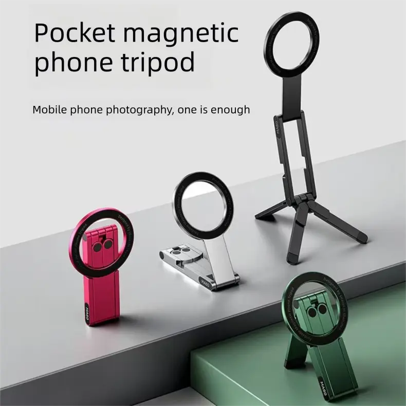 Black Alloy Pocket Magnetic Phone Stand with Desktop Tripod – Multi-Function Foldable Design for Portable Selfie Stick & Hands-Free Shooting – Ideal for Travel, Vlogging, and Daily Use Wholesale Hub