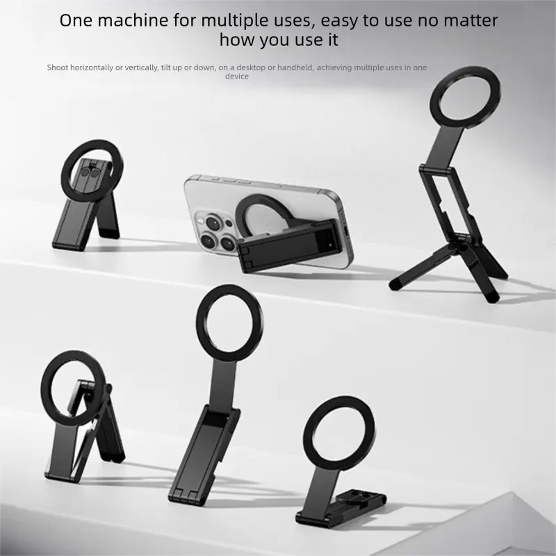 Black Alloy Pocket Magnetic Phone Stand with Desktop Tripod – Multi-Function Foldable Design for Portable Selfie Stick & Hands-Free Shooting – Ideal for Travel, Vlogging, and Daily Use Wholesale Hub