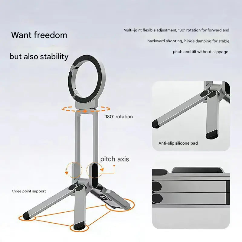 Silver Portable Magnetic Phone Mount with MagLock - Multi-Functional Foldable Tripod Stand for Desktop, Travel & Vlogging, Strong Dual Magnet Design for iPhone & Android Wholesale Hub