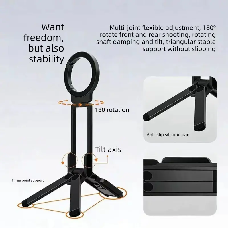 Black Portable Magnetic Phone Mount with MagLock - Multi-Functional Foldable Tripod Stand for Desktop, Travel & Vlogging, Strong Dual Magnet Design for iPhone & Android Wholesale Hub