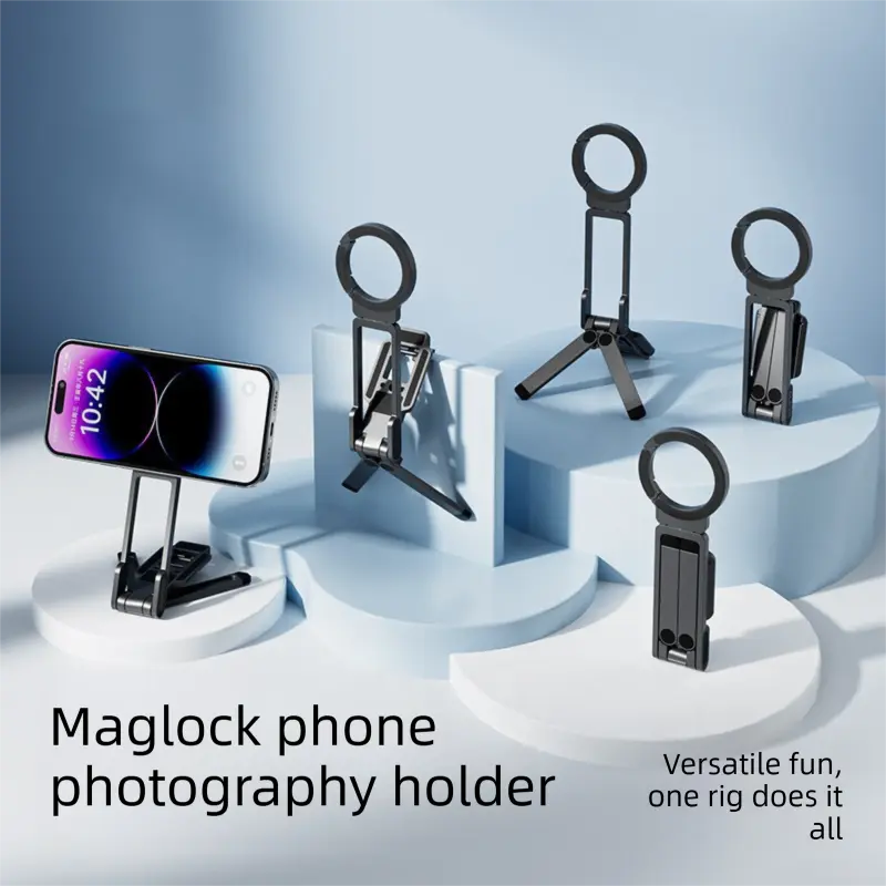 Black Portable Magnetic Phone Mount with MagLock - Multi-Functional Foldable Tripod Stand for Desktop, Travel & Vlogging, Strong Dual Magnet Design for iPhone & Android Wholesale Hub