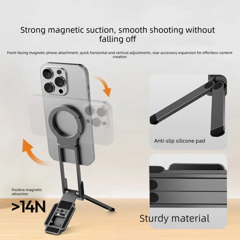Black Portable Magnetic Phone Mount with MagLock - Multi-Functional Foldable Tripod Stand for Desktop, Travel & Vlogging, Strong Dual Magnet Design for iPhone & Android Wholesale Hub
