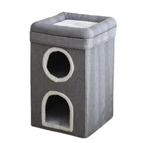 Grey 3-Story Villa Cat House with Scratching Posts - Foldable Double-Decker Cat Condo, Warm & Breathable All-Season Pet Bed, Multi-Functional Play & Sleep Space, Durable Easy-Clean Fabric Wholesale Hub