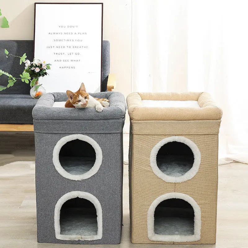 Grey 3-Story Villa Cat House with Scratching Posts - Foldable Double-Decker Cat Condo, Warm & Breathable All-Season Pet Bed, Multi-Functional Play & Sleep Space, Durable Easy-Clean Fabric Wholesale Hub