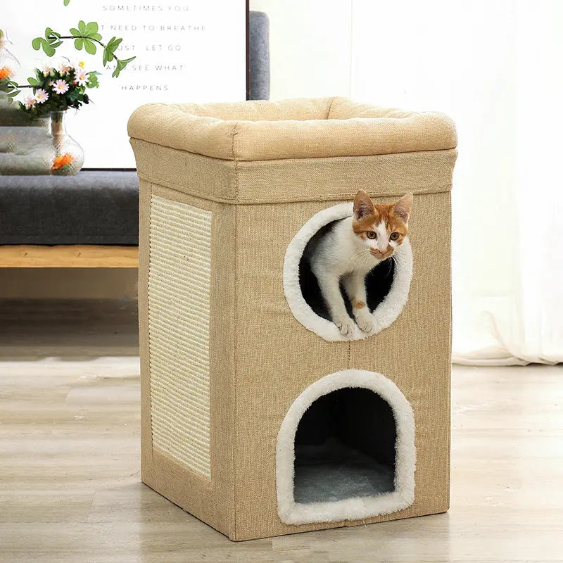 Grey 3-Story Villa Cat House with Scratching Posts - Foldable Double-Decker Cat Condo, Warm & Breathable All-Season Pet Bed, Multi-Functional Play & Sleep Space, Durable Easy-Clean Fabric Wholesale Hub
