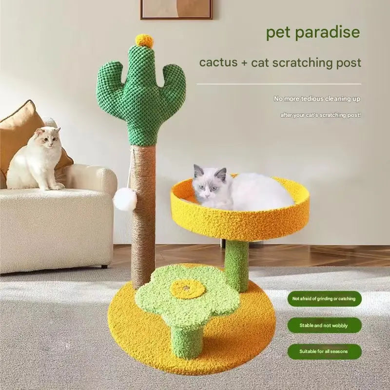 Yellow Cactus Pineapple Cat Tree with Scratching Post & Cozy Perch - Multi-Level Cat Tower with Flower Platform and Hanging Ball for Indoor Cats Wholesale Hub