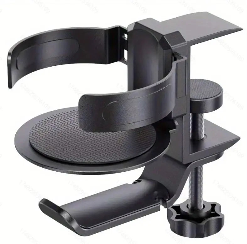 Black 2-in-1 Rotating Headphone and Cup Holder - No-Drill Aluminum Alloy Desk Clamp Mount for Over-Ear Headsets and Beverages - Space-Saving Organizer for Home Office and Gaming Setup Wholesale Hub