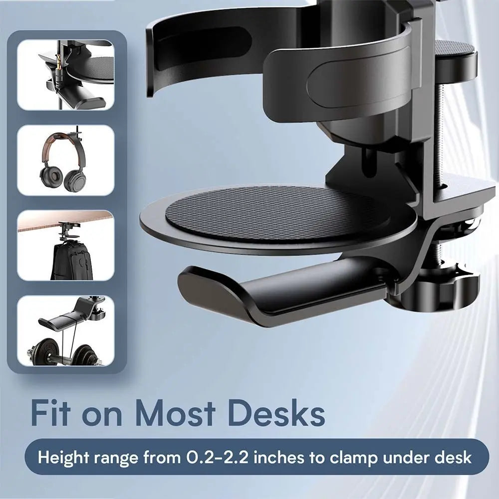 Black 2-in-1 Rotating Headphone and Cup Holder - No-Drill Aluminum Alloy Desk Clamp Mount for Over-Ear Headsets and Beverages - Space-Saving Organizer for Home Office and Gaming Setup Wholesale Hub