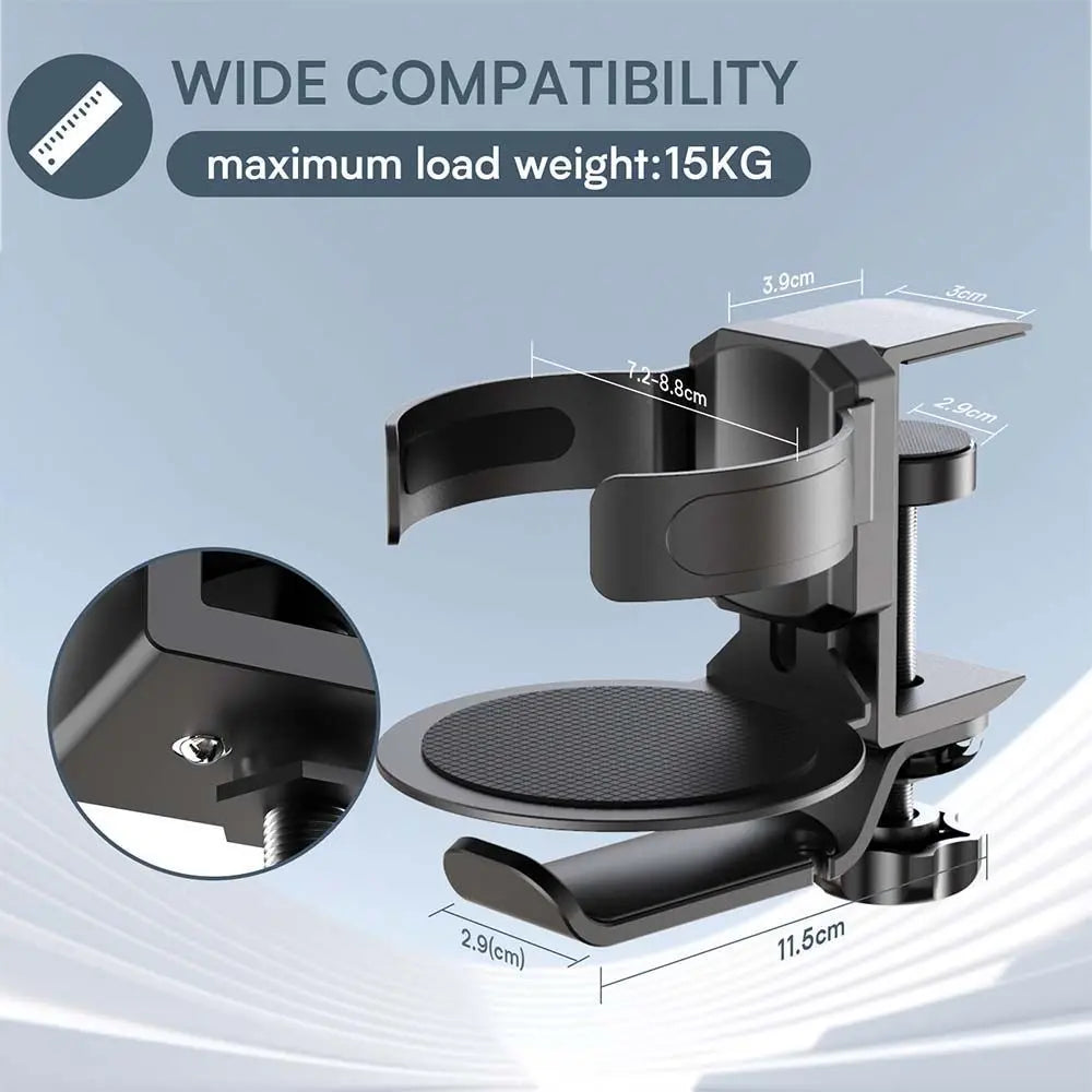 Black 2-in-1 Rotating Headphone and Cup Holder - No-Drill Aluminum Alloy Desk Clamp Mount for Over-Ear Headsets and Beverages - Space-Saving Organizer for Home Office and Gaming Setup Wholesale Hub