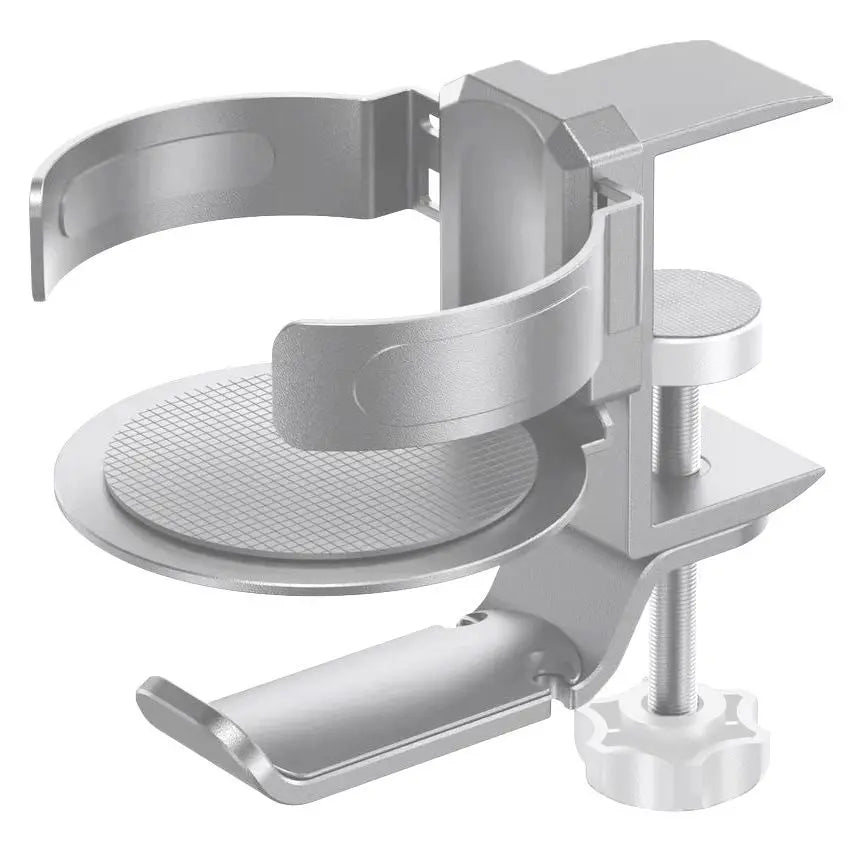 Silver 2-in-1 Rotating Headphone and Cup Holder - No-Drill Aluminum Alloy Desk Clamp Mount for Over-Ear Headsets and Beverages - Space-Saving Organizer for Home Office and Gaming Setup Wholesale Hub