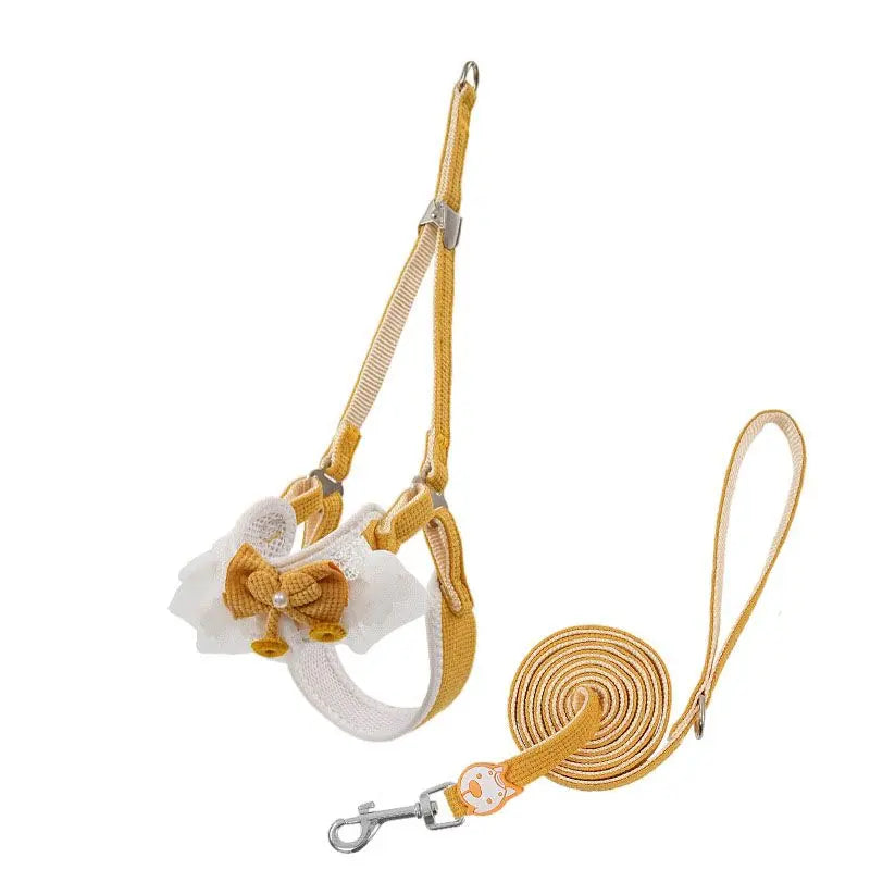 Orange-yellow Lace Y-Shaped Pet Harness and Leash Set - Breathable Mesh Vest for Small to Medium Dogs and Cats - Comfortable Walking Gear with 150cm Leash(Size:S) Wholesale Hub