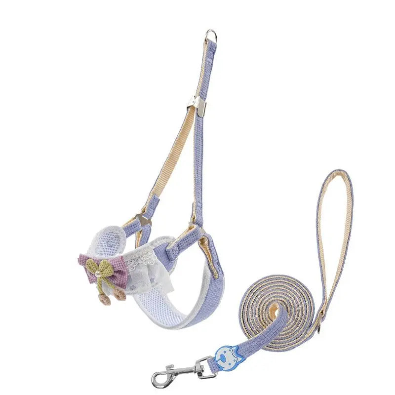Sky blue Lace Y-Shaped Pet Harness and Leash Set - Breathable Mesh Vest for Small to Medium Dogs and Cats - Comfortable Walking Gear with 150cm Leash(Size:S) Wholesale Hub