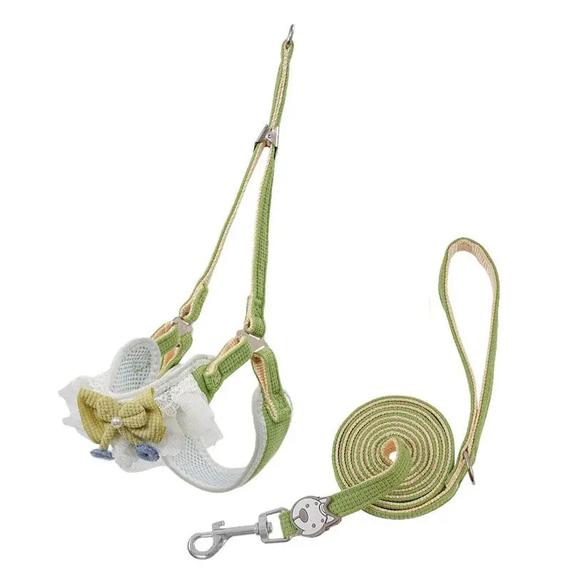 Green Lace Y-Shaped Pet Harness and Leash Set - Breathable Mesh Vest for Small to Medium Dogs and Cats - Comfortable Walking Gear with 150cm Leash(Size:M) Wholesale Hub