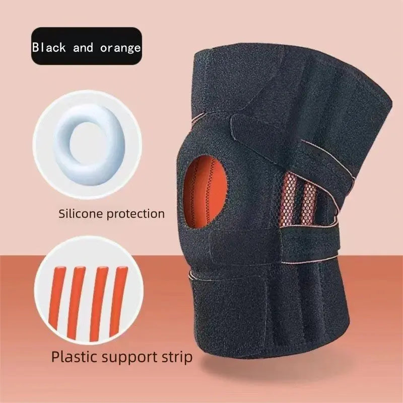 Black and orange Adjustable Open Patella Knee Brace with Spring Support and Compression Straps for Basketball Squats and Running Joint Protection for Local Athletes Wholesale Hub