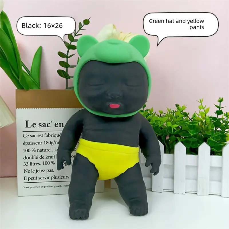 Black 26CM Large Squeeze Ugly Doll Stress Relief Toy Slow Rebound TPR Sand-Filled Squishy Figure for Local Home Pretend Play and Anxiety Reduction(Green hat and yellow trousers) Wholesale Hub