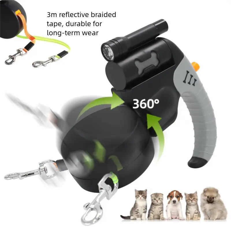 Blue Dual Retractable Dog Leash - Tangle-Free 360 Degree Rotation - Built-in LED Flashlight, Individual Brake and Lock System for Two Dogs, Safety for Night Walking and Outdoor Training Wholesale Hub