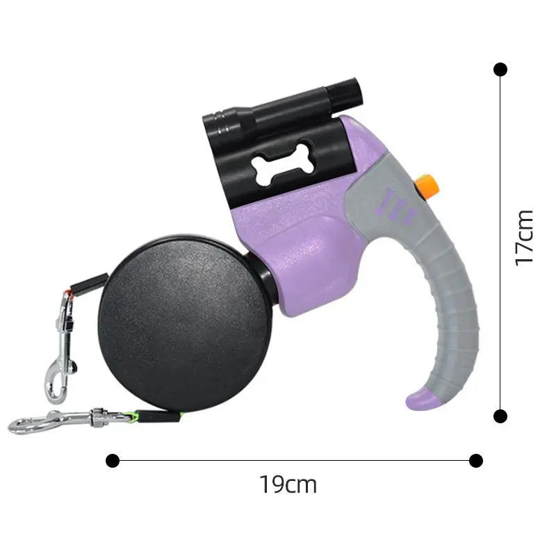 Purple Dual Retractable Dog Leash - Tangle-Free 360 Degree Rotation - Built-in LED Flashlight, Individual Brake and Lock System for Two Dogs, Safety for Night Walking and Outdoor Training Wholesale Hub