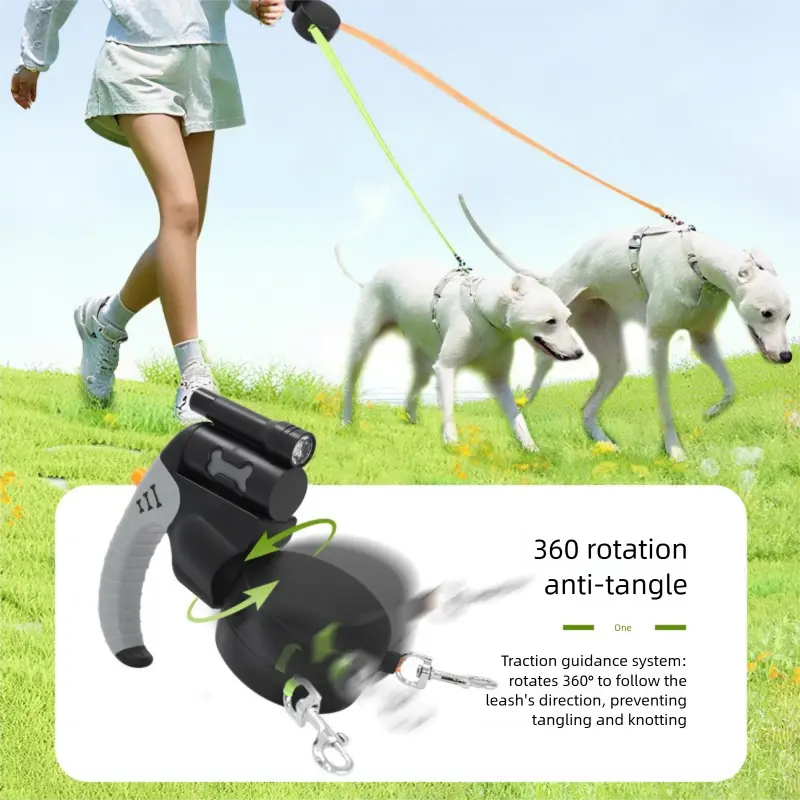 Brown Dual Retractable Dog Leash - Tangle-Free 360 Degree Rotation - Built-in LED Flashlight, Individual Brake and Lock System for Two Dogs, Safety for Night Walking and Outdoor Training Wholesale Hub
