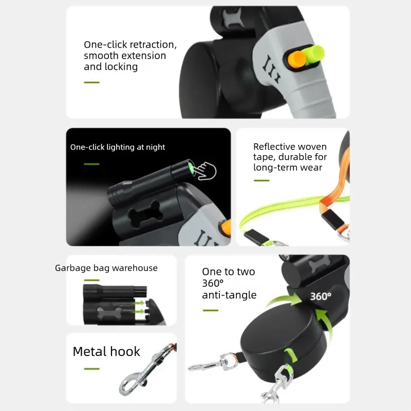 Brown Dual Retractable Dog Leash - Tangle-Free 360 Degree Rotation - Built-in LED Flashlight, Individual Brake and Lock System for Two Dogs, Safety for Night Walking and Outdoor Training Wholesale Hub