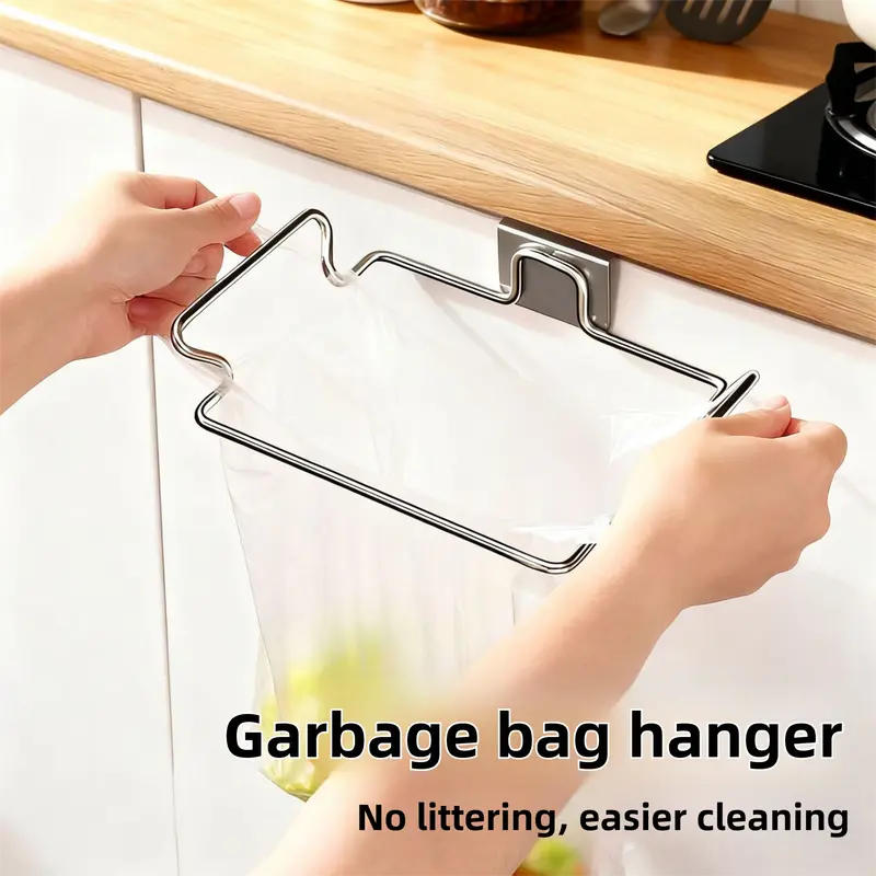 Stainless Steel Over-Cabinet Trash Bag Holder with Curved Ear Hook - Heavy Duty Hanging Waste Bag Support for Home & Office Wholesale Hub