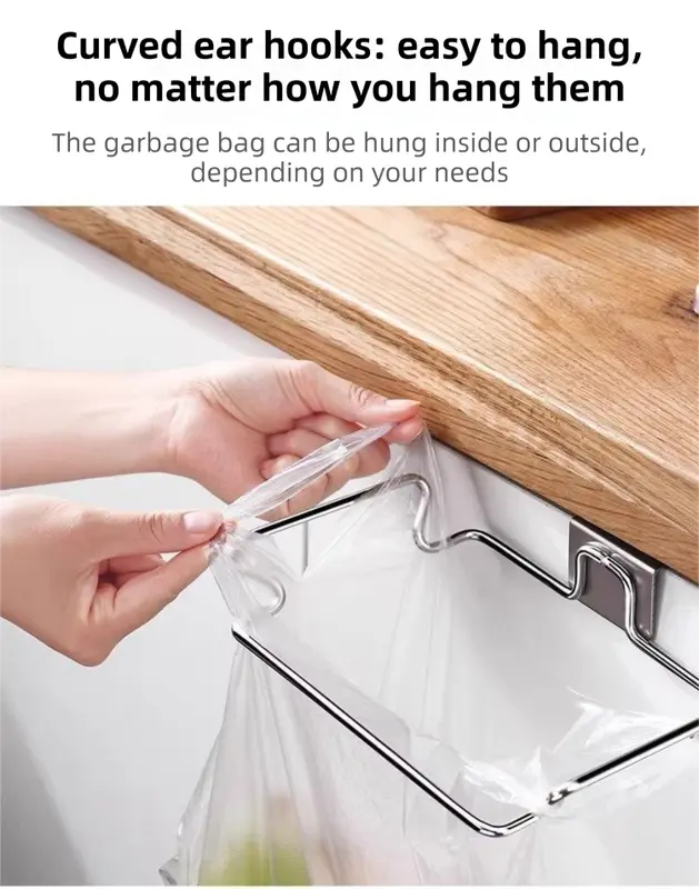 Large Stainless Steel Over-Cabinet Trash Bag Holder with Curved Ear Hook - Heavy Duty Hanging Waste Bag Support for Home & Office Wholesale Hub