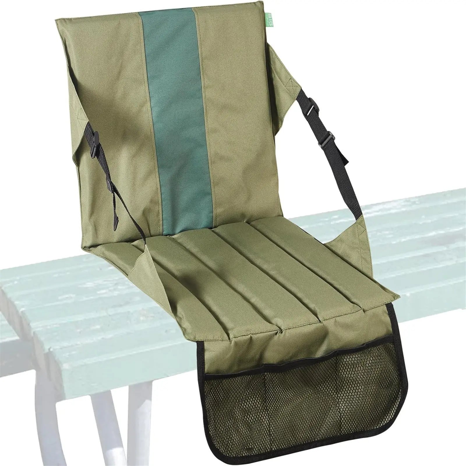Green Foldable Stadium Seat Cushion with Backrest & Storage Pockets - Portable Roll-Up Outdoor Waterproof Oxford Cloth Bleacher Chair Wholesale Hub