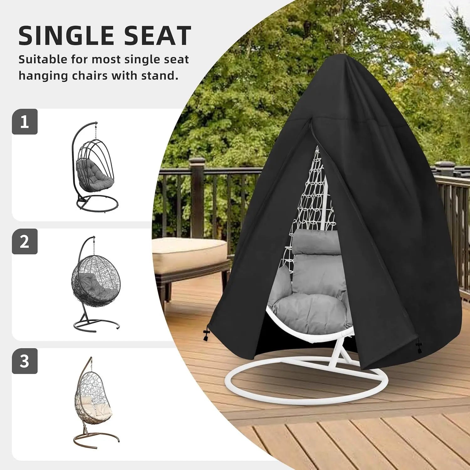 Black Heavy Duty Hanging Egg Chair Shield with Windproof Drawstring and Storage Bag - Waterproof & Dustproof Garden Swing Chair Protector (Single Seat 190 x 115 CM) Wholesale Hub