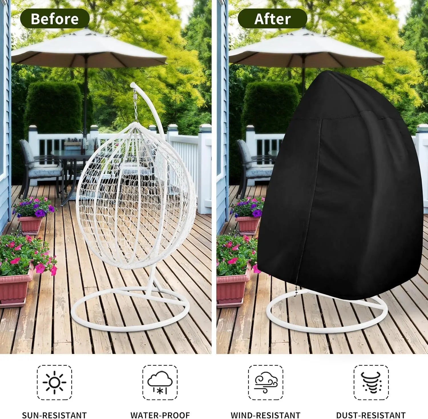 Black Heavy Duty Hanging Egg Chair Shield with Windproof Drawstring and Storage Bag - Waterproof & Dustproof Garden Swing Chair Protector (Single Seat 190 x 115 CM) Wholesale Hub