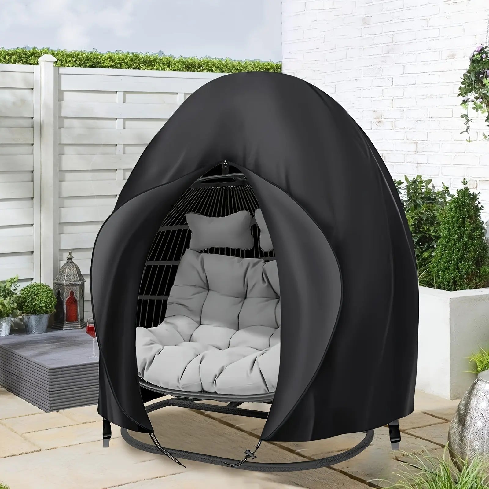 Black Heavy Duty Hanging Egg Chair Shield with Windproof Drawstring and Storage Bag - Waterproof & Dustproof Garden Swing Chair Protector (Double Seat 190 x 115 CM) Wholesale Hub