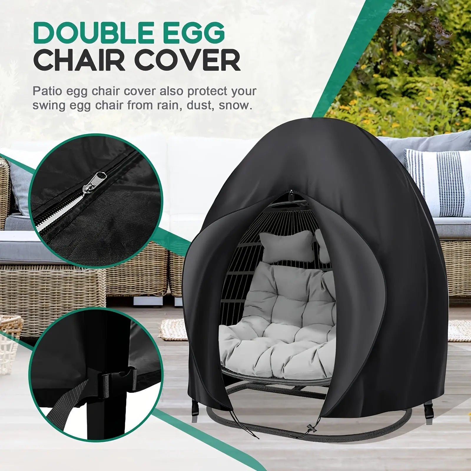 Black Heavy Duty Hanging Egg Chair Shield with Windproof Drawstring and Storage Bag - Waterproof & Dustproof Garden Swing Chair Protector (Double Seat 190 x 115 CM) Wholesale Hub
