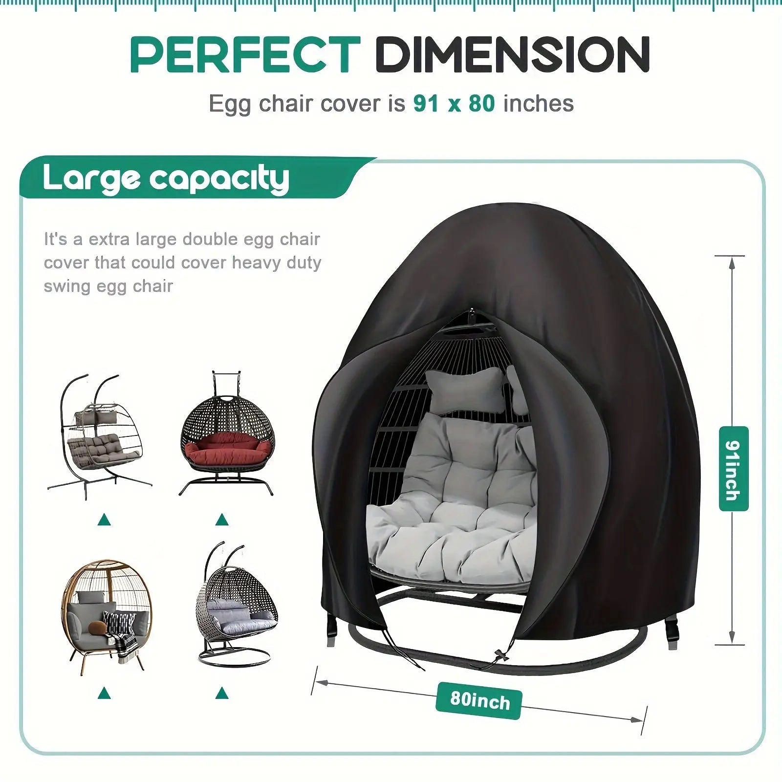 Black Heavy Duty Hanging Egg Chair Shield with Windproof Drawstring and Storage Bag - Waterproof & Dustproof Garden Swing Chair Protector (Double Seat 190 x 115 CM) Wholesale Hub