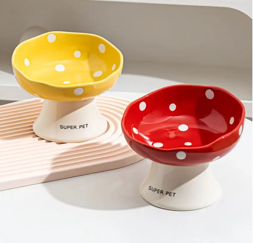 Red and Yellow Elevated 15° Tilted Ceramic Cat Bowl - Anti-Chin Acne Glaze Finish, Non-Slip Weighted Base & Neck Protection Pet Feeder Wholesale Hub