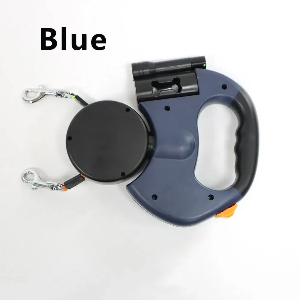 Blue One-to-Two Retractable Dog Leash with One-Click Safety Lock & Night Light - 3M Tangle-Free 360° Rotation Walking Leash Wholesale Hub