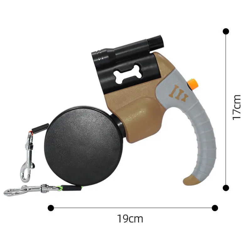 Brown and Grey One-to-Two Retractable Dog Leash with One-Click Safety Lock & Night Light - 3M Tangle-Free 360° Rotation Walking Leash Wholesale Hub