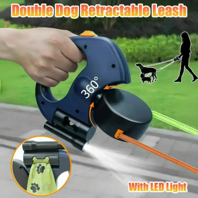 Brown and Grey One-to-Two Retractable Dog Leash with One-Click Safety Lock & Night Light - 3M Tangle-Free 360° Rotation Walking Leash Wholesale Hub