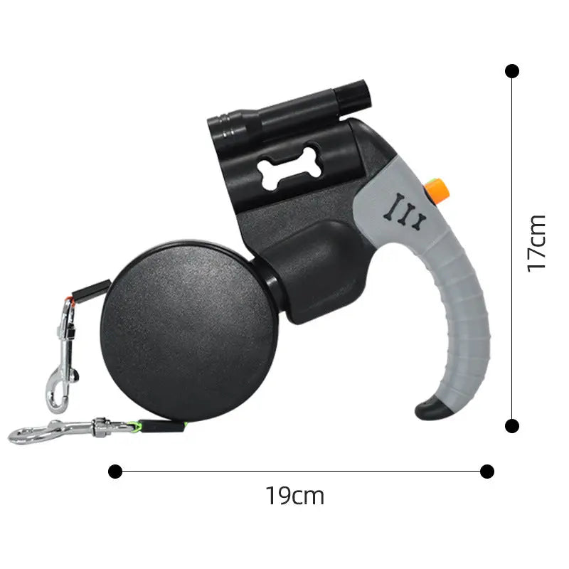 Black and Grey One-to-Two Retractable Dog Leash with One-Click Safety Lock & Night Light - 3M Tangle-Free 360° Rotation Walking Leash Wholesale Hub