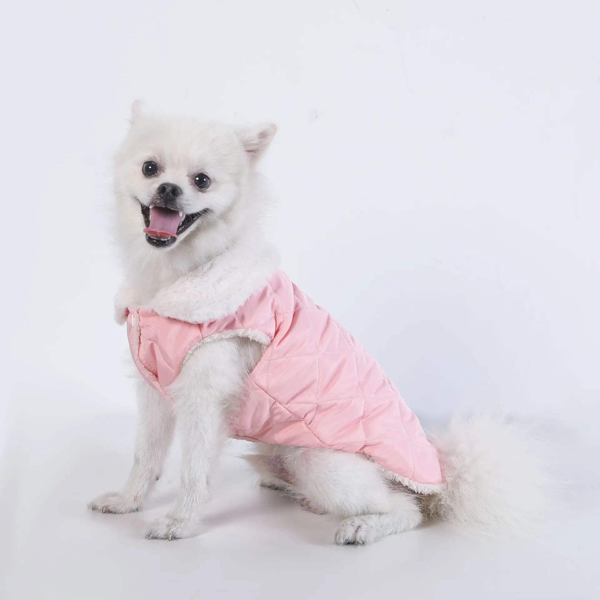 L Size Pink Winter Padded Cotton Dog Thermal Plaid Vest with Faux Fur Collar - Thick Fleece-Lined Warm Pet Jacket Wholesale Hub