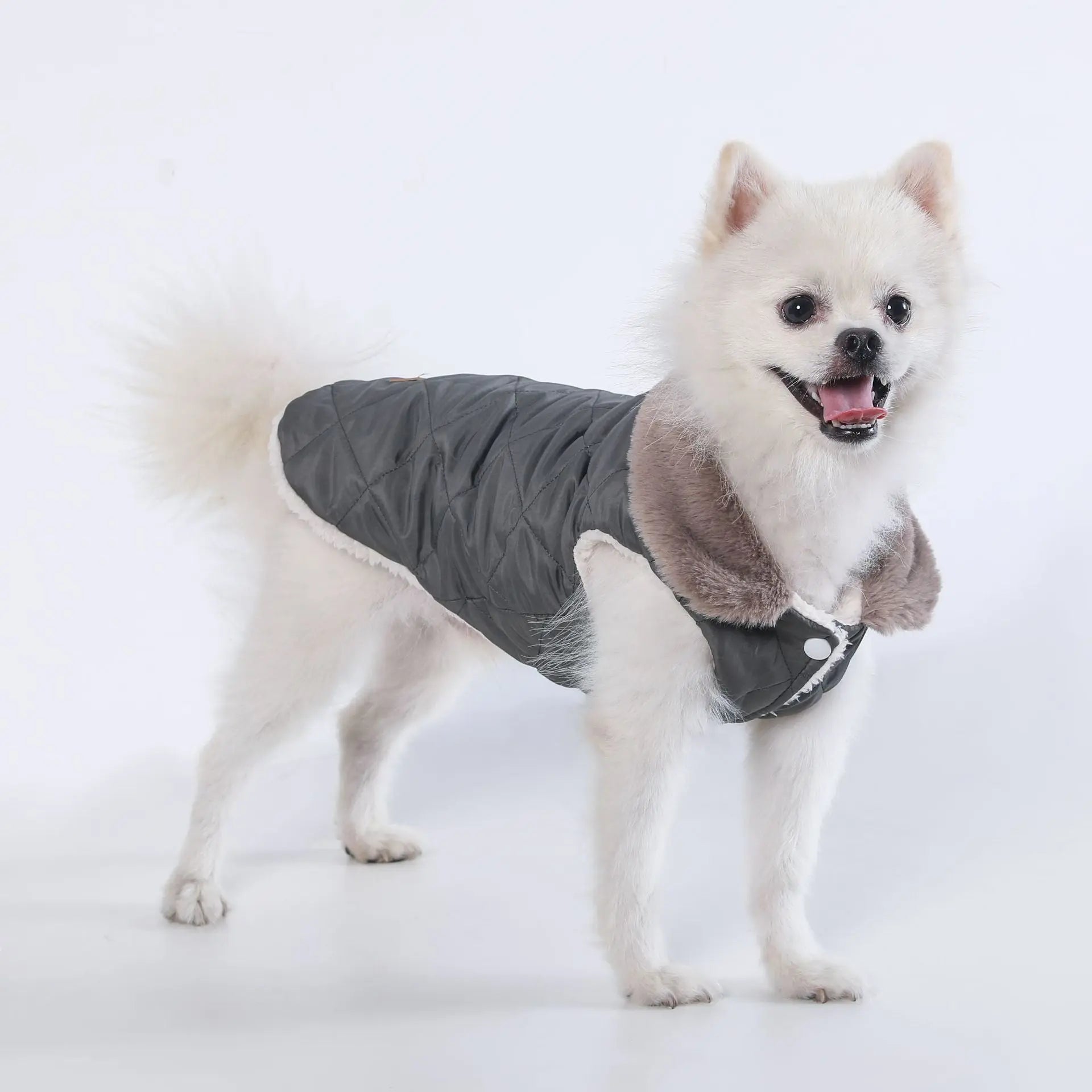 M Size Grey Winter Padded Cotton Dog Thermal Plaid Vest with Faux Fur Collar - Thick Fleece-Lined Warm Pet Jacket Wholesale Hub