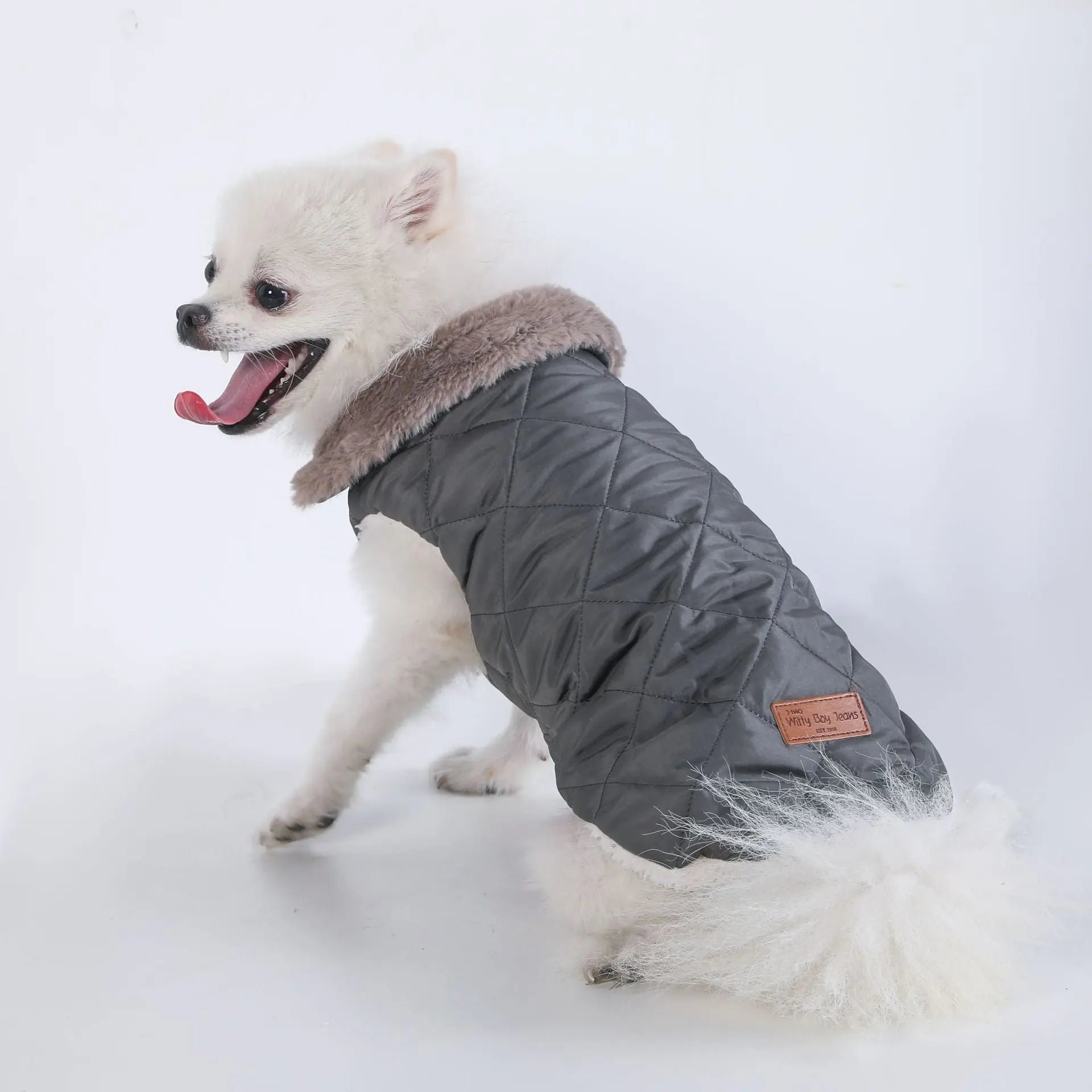 L Size Grey Winter Padded Cotton Dog Thermal Plaid Vest with Faux Fur Collar - Thick Fleece-Lined Warm Pet Jacket Wholesale Hub