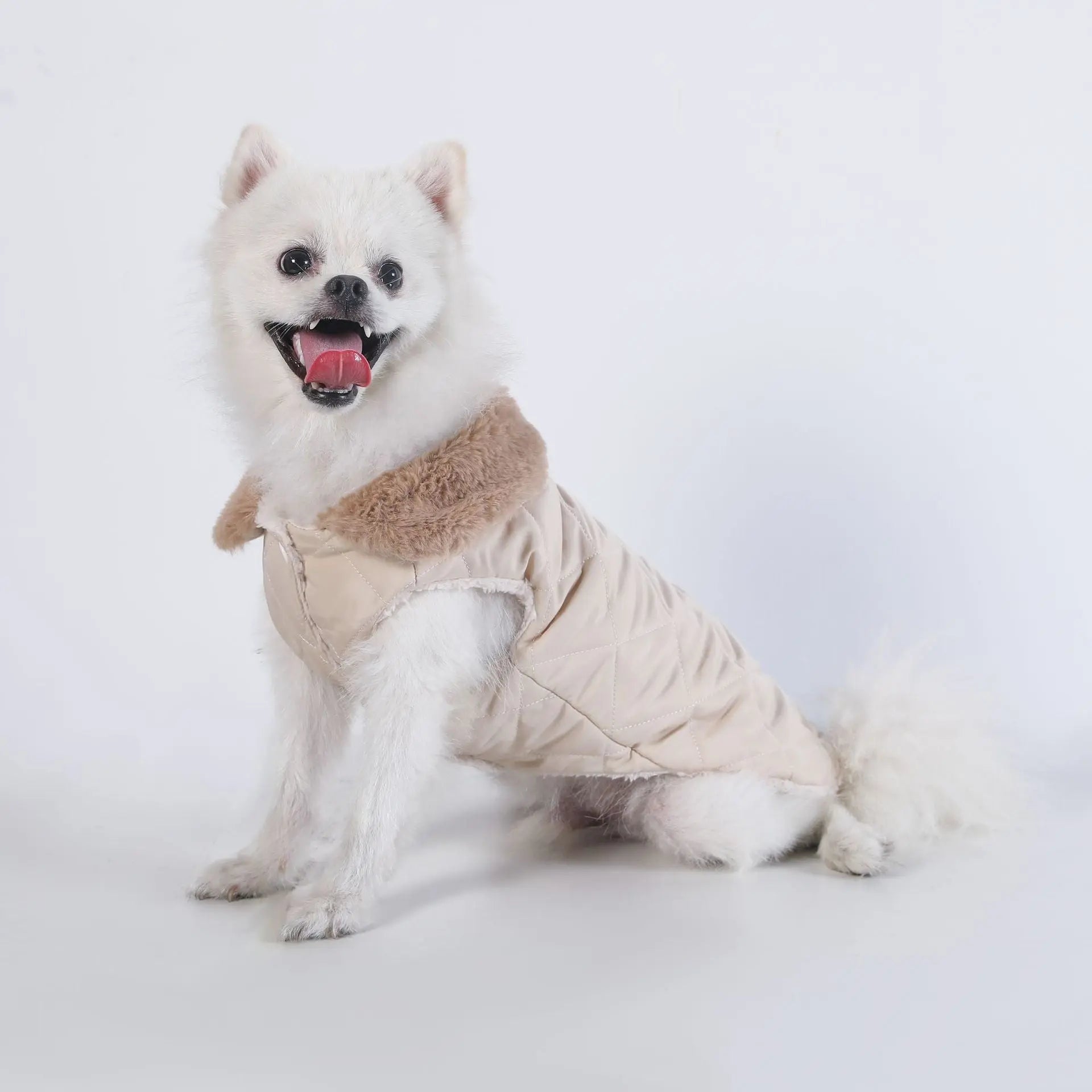 M Size Beige Winter Padded Cotton Dog Thermal Plaid Vest with Faux Fur Collar - Thick Fleece-Lined Warm Pet Jacket Wholesale Hub