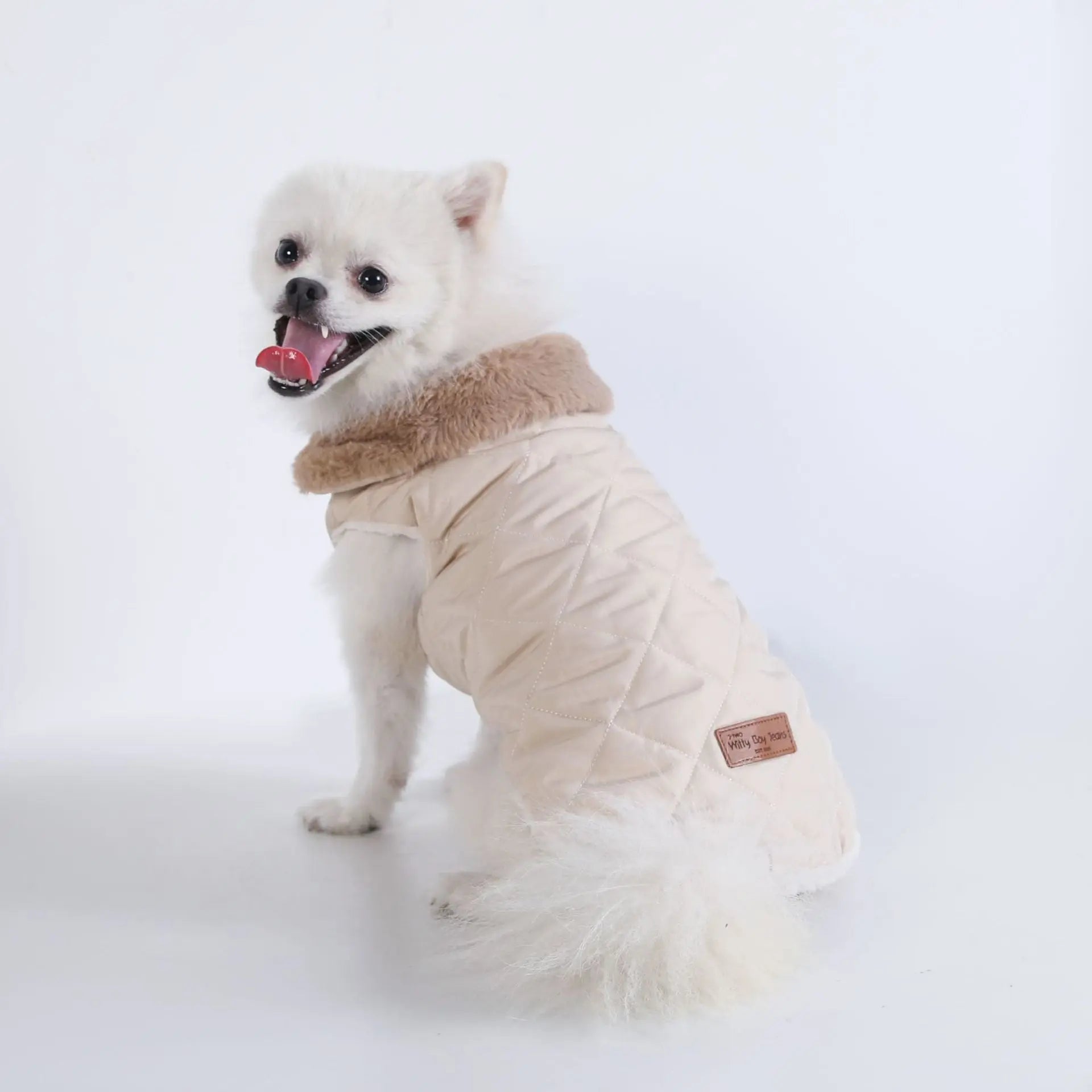 M Size Beige Winter Padded Cotton Dog Thermal Plaid Vest with Faux Fur Collar - Thick Fleece-Lined Warm Pet Jacket Wholesale Hub