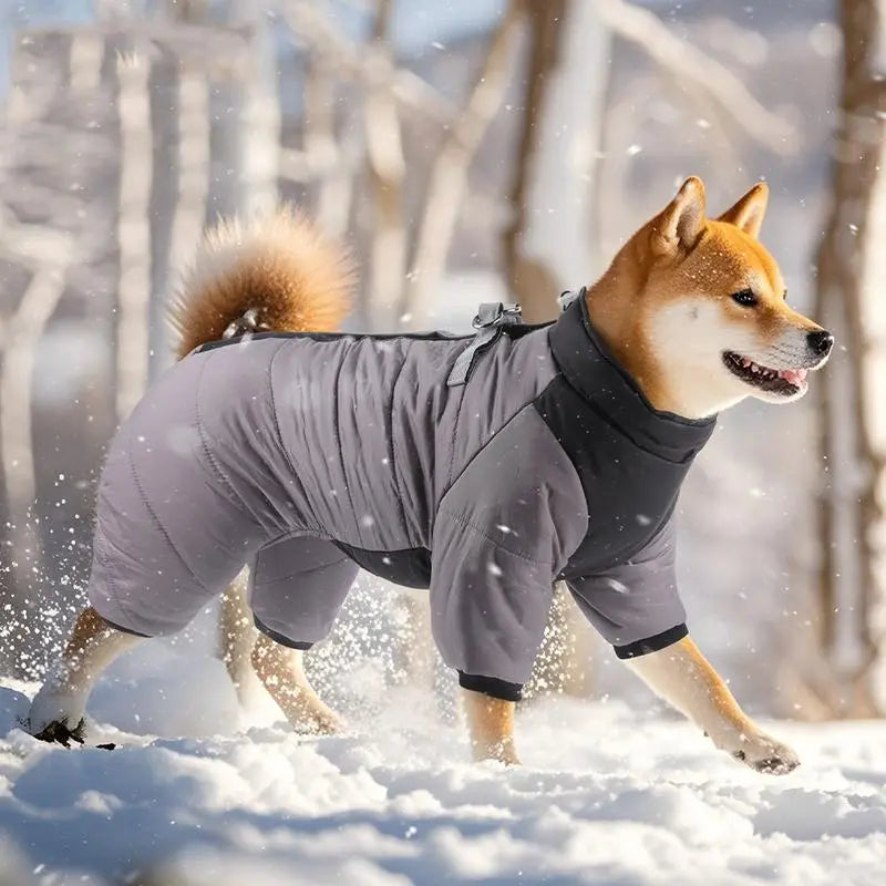 XL Size Grey Winter Waterproof Dog 4 Leg Jumpsuit for Full Body Warmth - Reflective Windproof Pet Puffer Coat with Integrated Harness Wholesale Hub